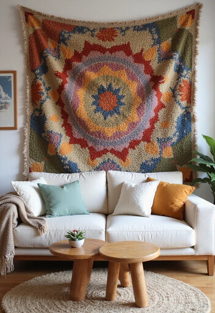 12 Behind Sofa Wall Decor Ideas for Balanced Living Room Layout - 9. Woven Textiles and Fabrics