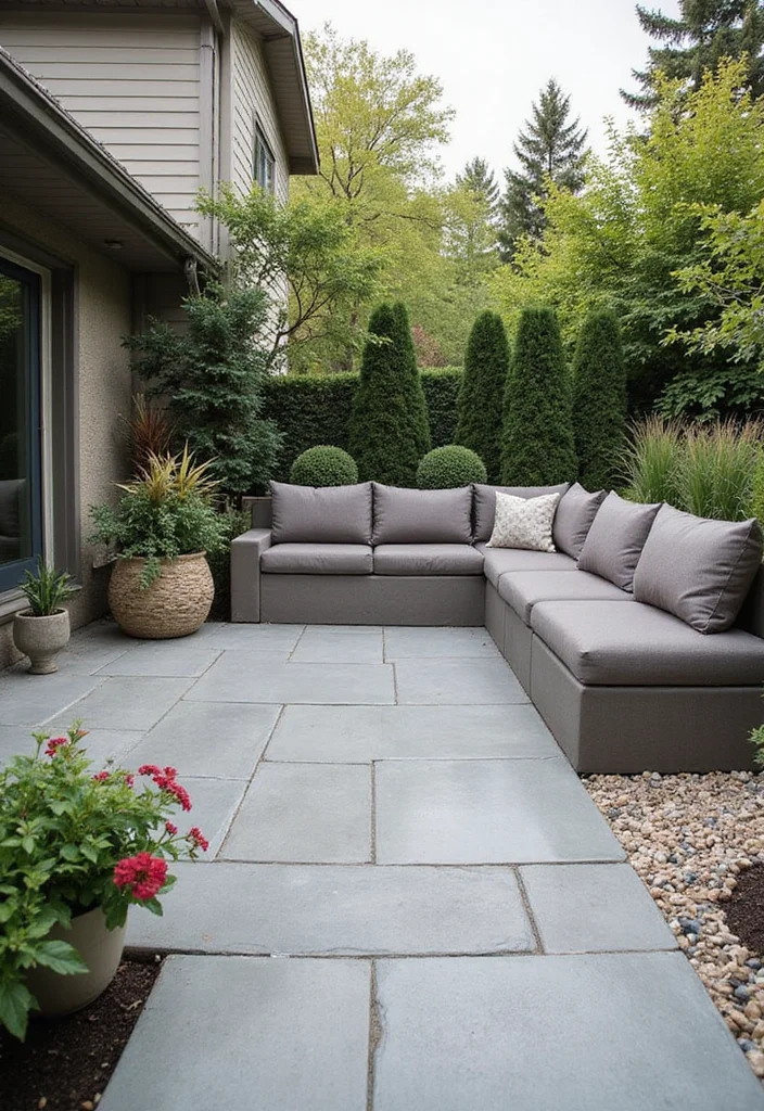 12 Cemented Backyard Ideas for Clean Low Maintenance Design 1 12 Cemented Backyard Ideas for Clean Low Maintenance Design - 1. Concrete Patio with Built-in Seating