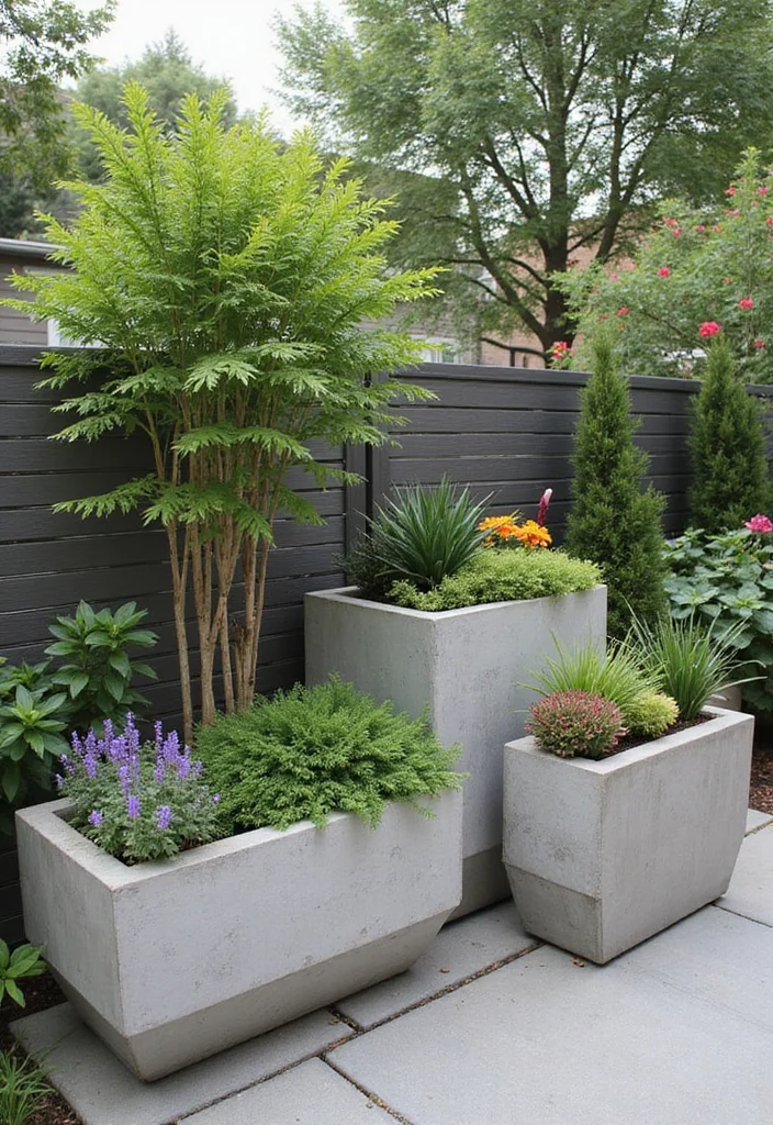 12 Cemented Backyard Ideas for Clean Low Maintenance Design 34 12 Cemented Backyard Ideas for Clean Low Maintenance Design - 4. Raised Concrete Planters