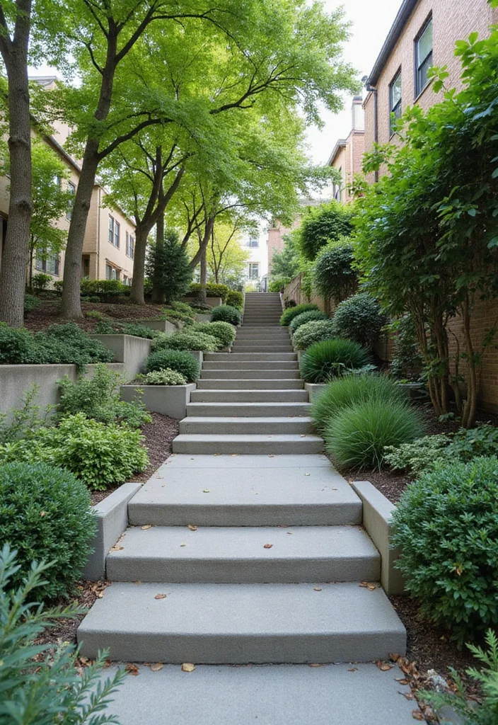 12 Cemented Backyard Ideas for Clean Low Maintenance Design 67 12 Cemented Backyard Ideas for Clean Low Maintenance Design - 7. Concrete Steps and Terracing