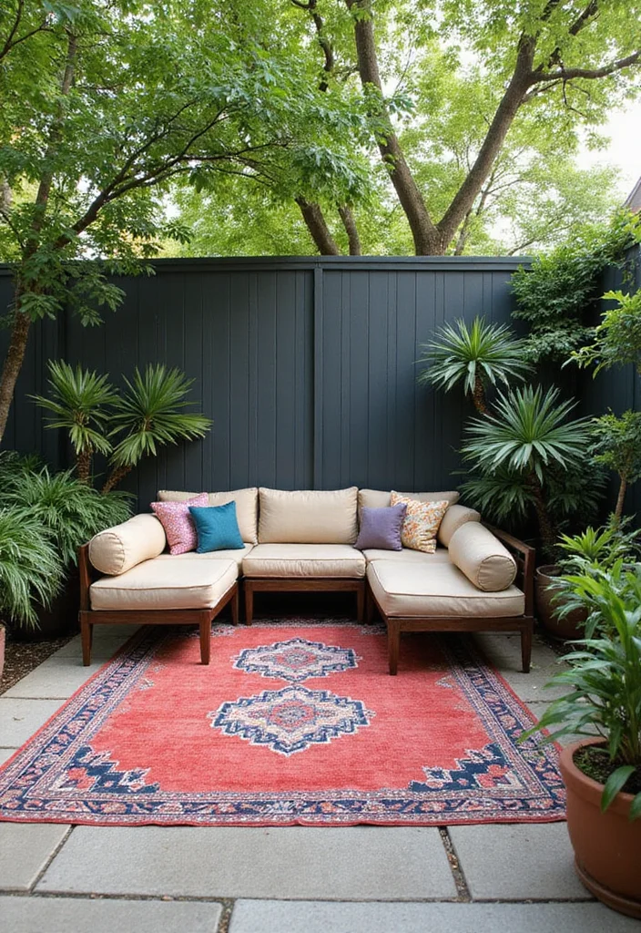 12 DIY Small Backyard Ideas for Budget Friendly Makeovers 12. Outdoor Rugs