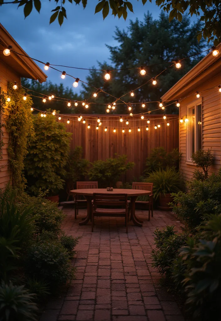 12 DIY Small Backyard Ideas for Budget Friendly Makeovers 4. String Lights