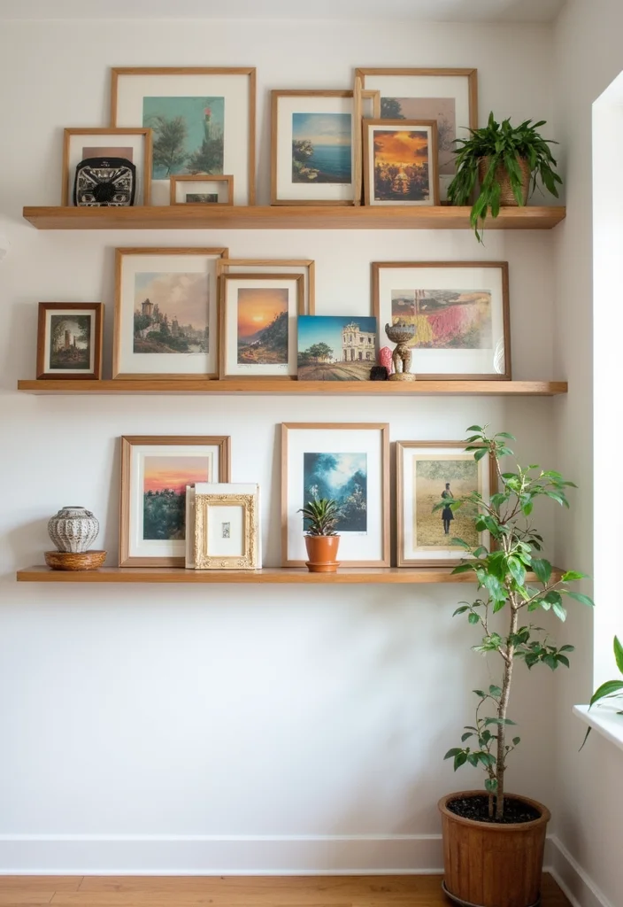 12 Mantel Without Fireplace Ideas for Simple Stylish Displays - 1. Floating Shelves with Art