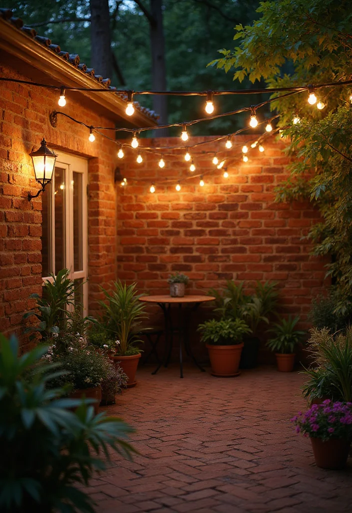 12 Outdoor Brick Wall Decor Ideas for Textured Outdoor Style - 3. String Lights for Ambiance