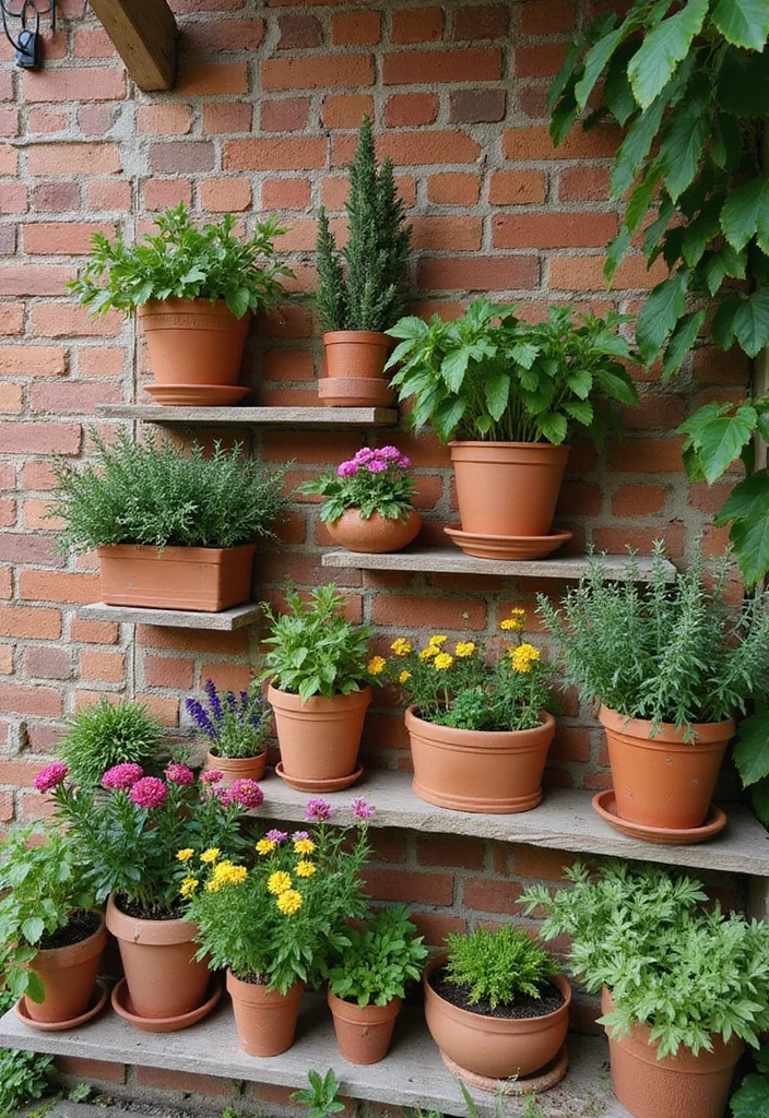 12 Outdoor Brick Wall Decor Ideas for Textured Outdoor Style - 6. Terracotta Pots Arrangement