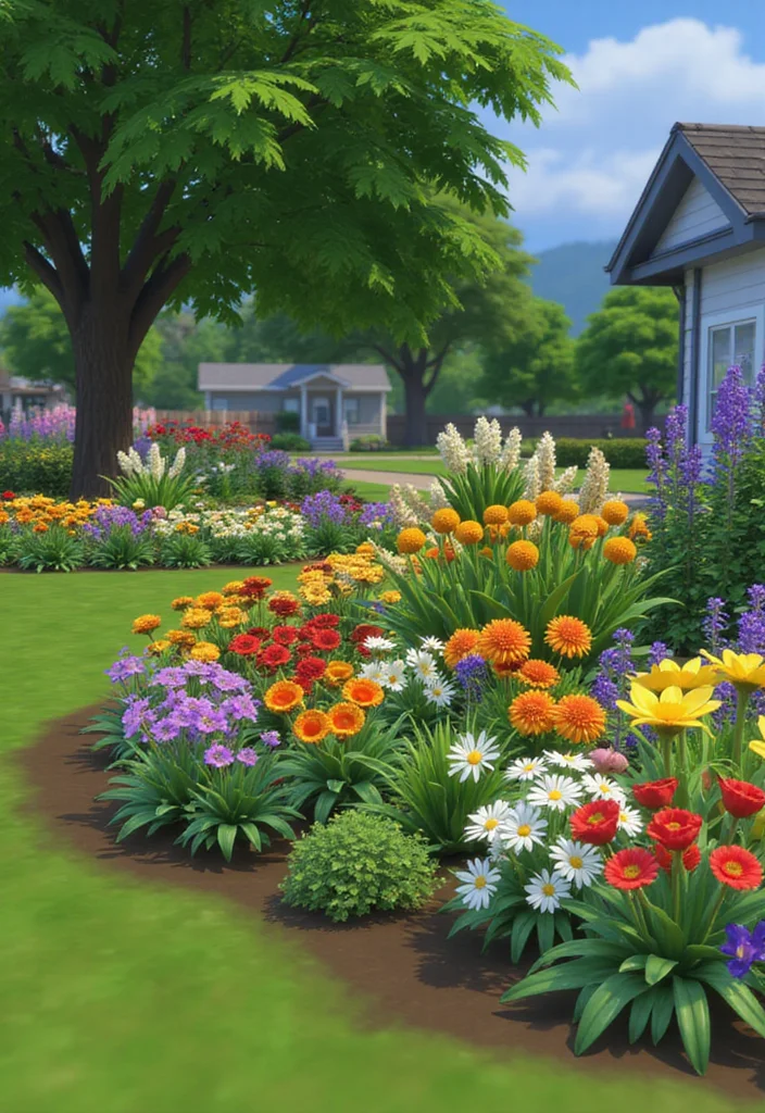 12 Sims 4 Backyard Ideas for Trendy Creative Layouts - 7. Bright and Colorful Flower Beds