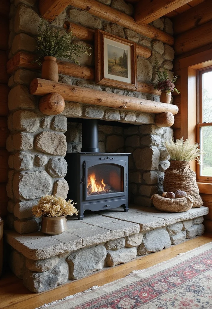 12 Wood Fireplace Ideas for Rustic Natural Warmth - 3. Rustic Cabin Feel with Log Beams