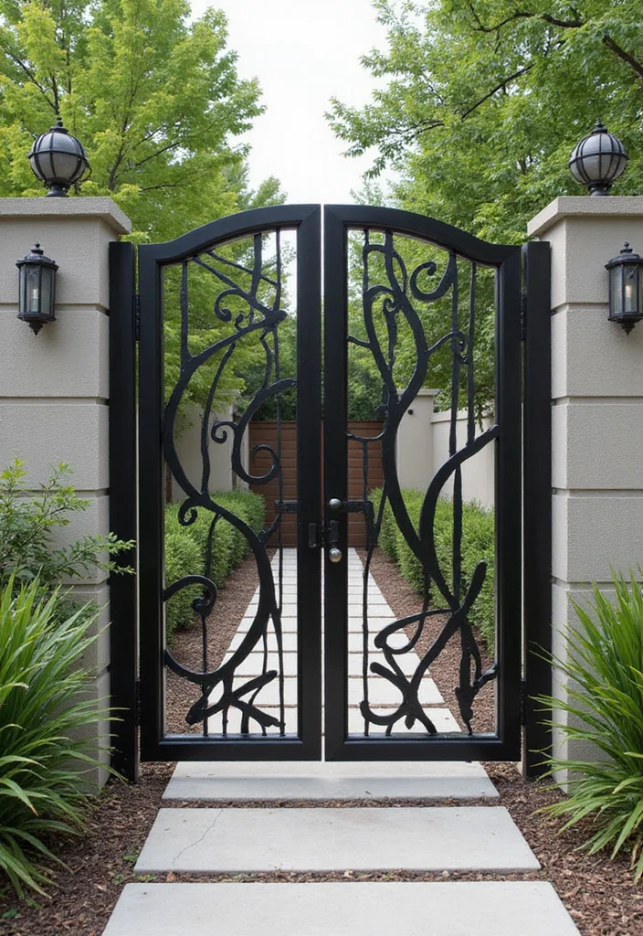 14 Backyard Gate Ideas for Privacy and Curb Appeal 81 14 Backyard Gate Ideas for Privacy and Curb Appeal - 9. Artistic Metal Gate