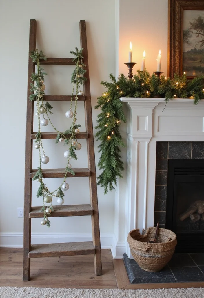 14 Fireplace Christmas Decor Ideas for Warm Festive Charm - 12. Vintage Ladder as a Decor Statement