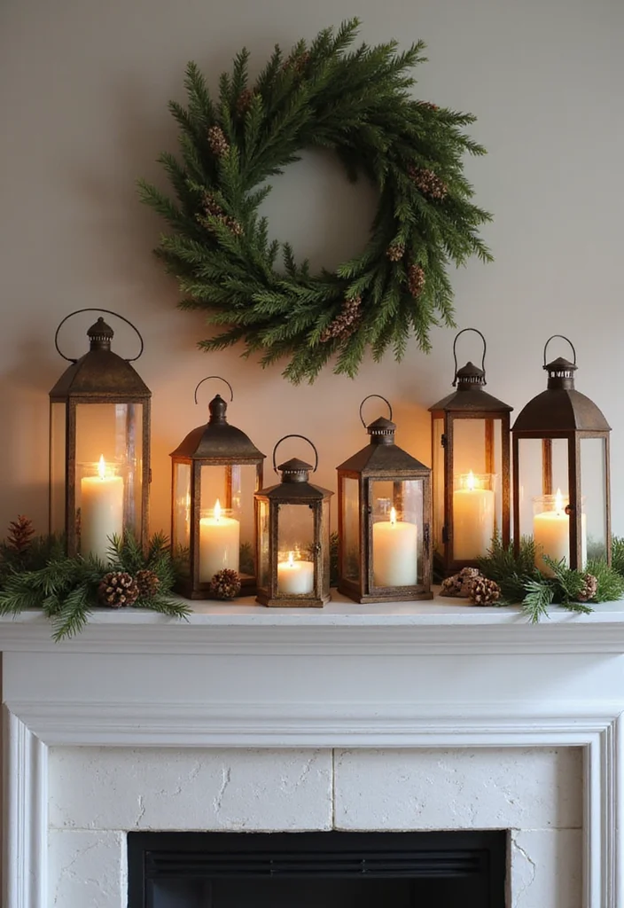 14 Fireplace Christmas Decor Ideas for Warm Festive Charm - 4. Rustic Lanterns for a Touch of Charm