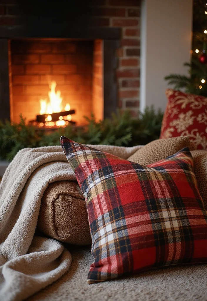 14 Fireplace Christmas Decor Ideas for Warm Festive Charm - 6. Festive Throw Pillows and Blankets