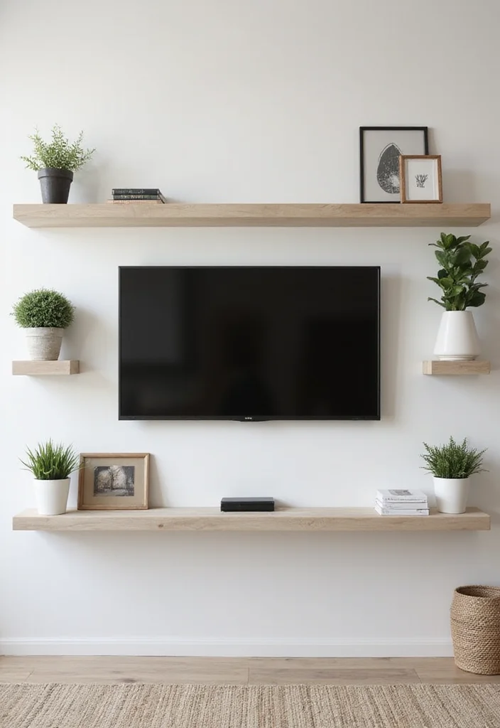 14 Living Room Wall Decor Ideas With TV for Clean Integrated Design - 1. Floating Shelves for a Sleek Look