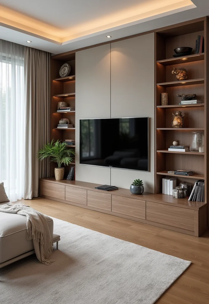 14 Living Room Wall Decor Ideas With TV for Clean Integrated Design - 9. Built-In Shelving