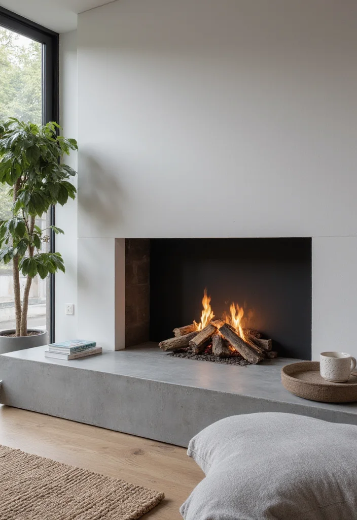 14 Raised Fireplace Hearth Ideas for Function and Classic Style - 2. Sleek Concrete Hearth