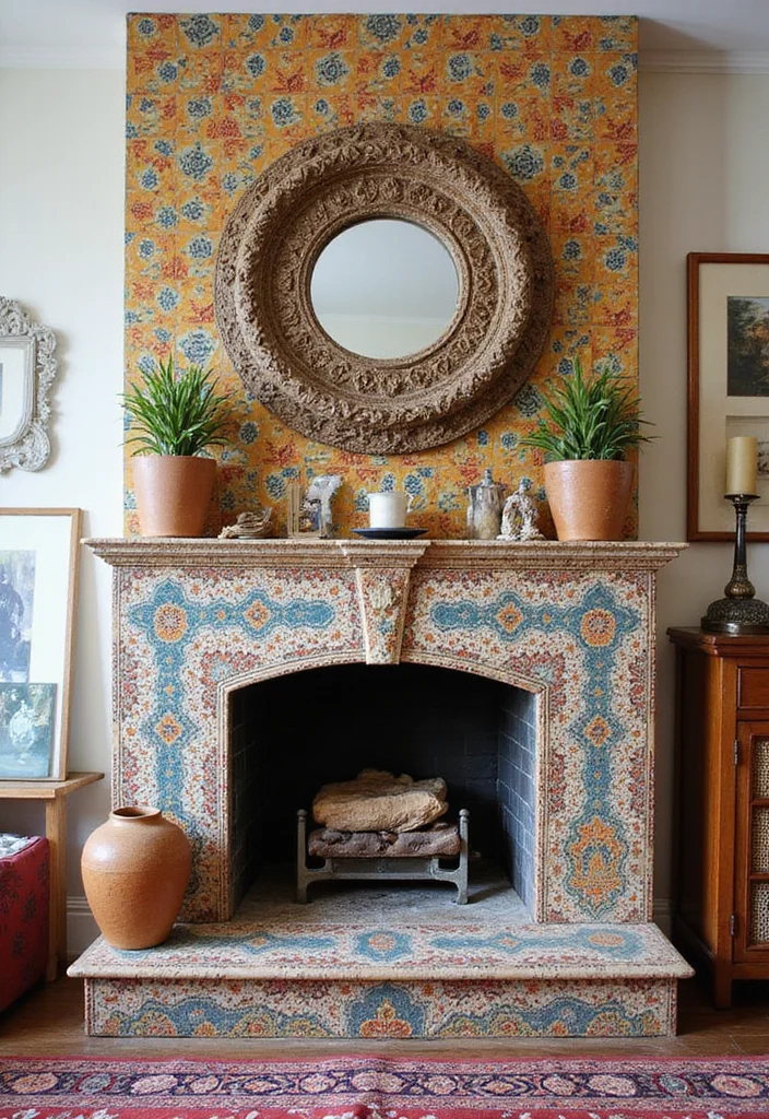 14 Raised Fireplace Hearth Ideas for Function and Classic Style - 6. Artistic Tile Hearth