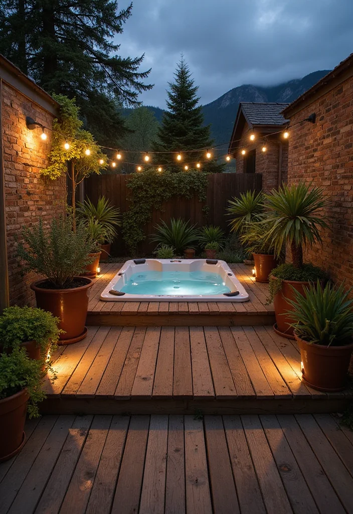 14 Small Backyard Hot Tub Ideas for Relaxing Compact Retreats - 1. Minimalist Wooden Deck Retreat