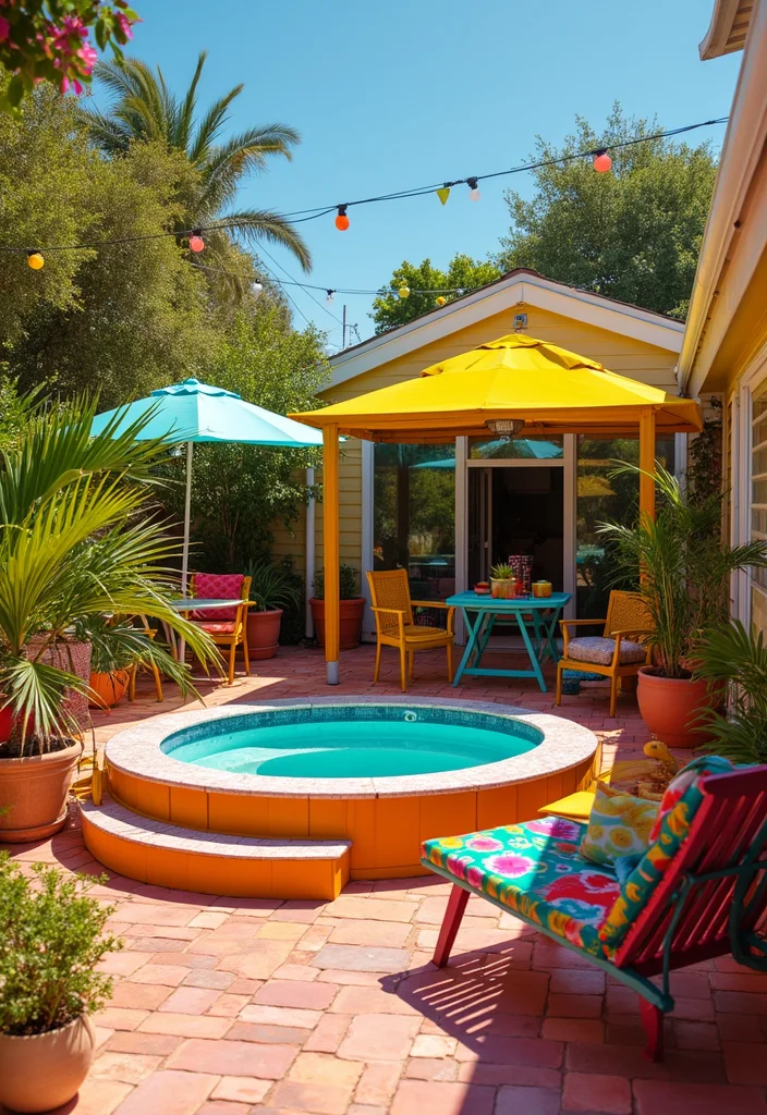 14 Small Backyard Hot Tub Ideas for Relaxing Compact Retreats - 14. Colorful Hot Tub Accents