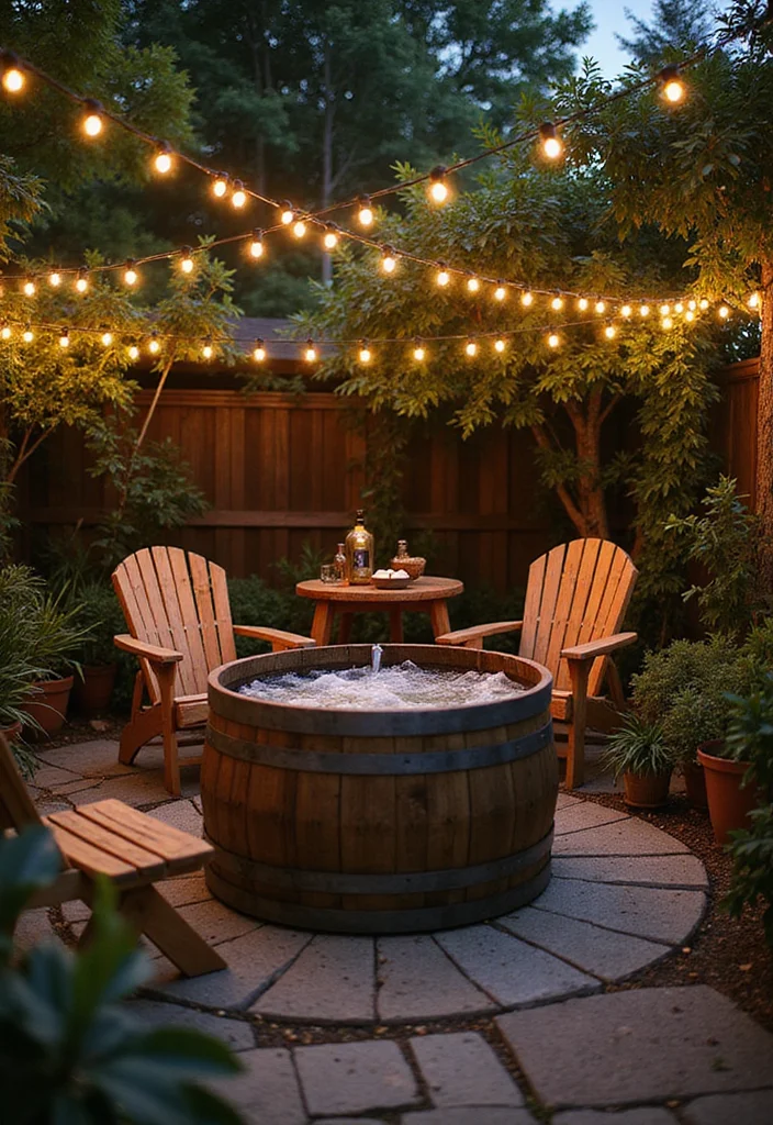 14 Small Backyard Hot Tub Ideas for Relaxing Compact Retreats - 5. Rustic Barrel Hot Tub