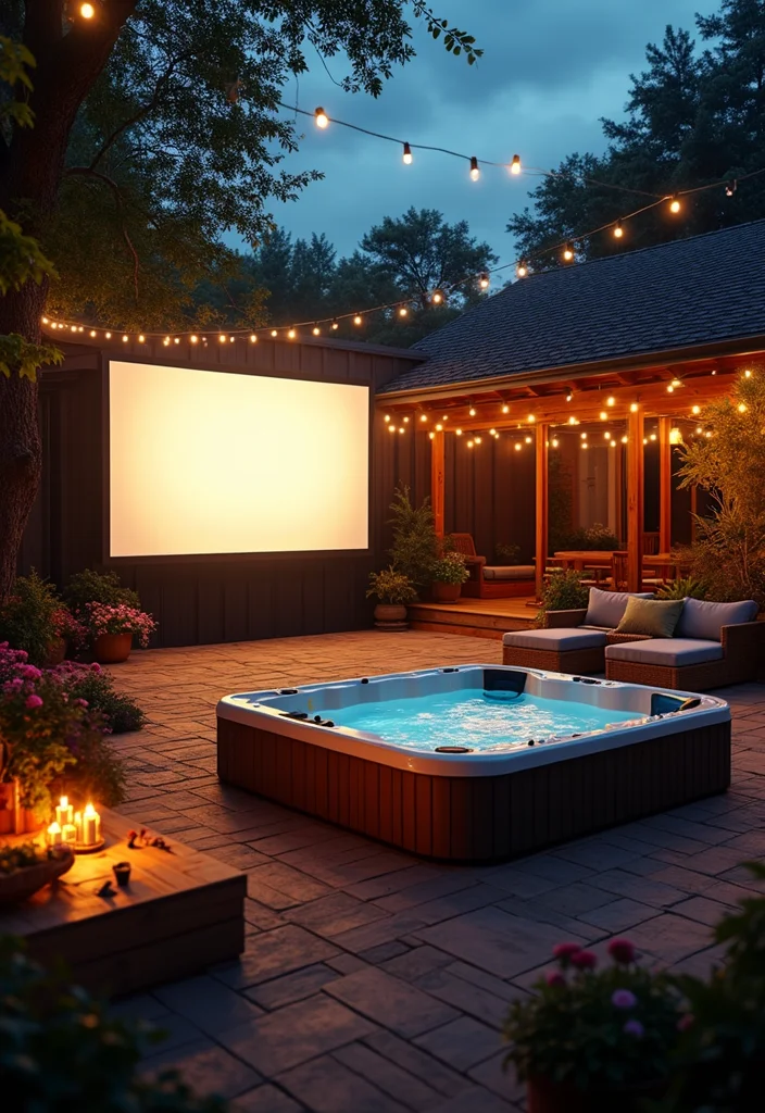 14 Small Backyard Hot Tub Ideas for Relaxing Compact Retreats - 8. Outdoor Cinema with a Hot Tub