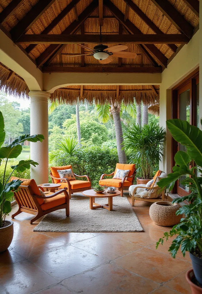 18 Backyard Covered Patio Ideas for Comfortable All Weather Living - 9. Tropical Oasis with Thatch Roof