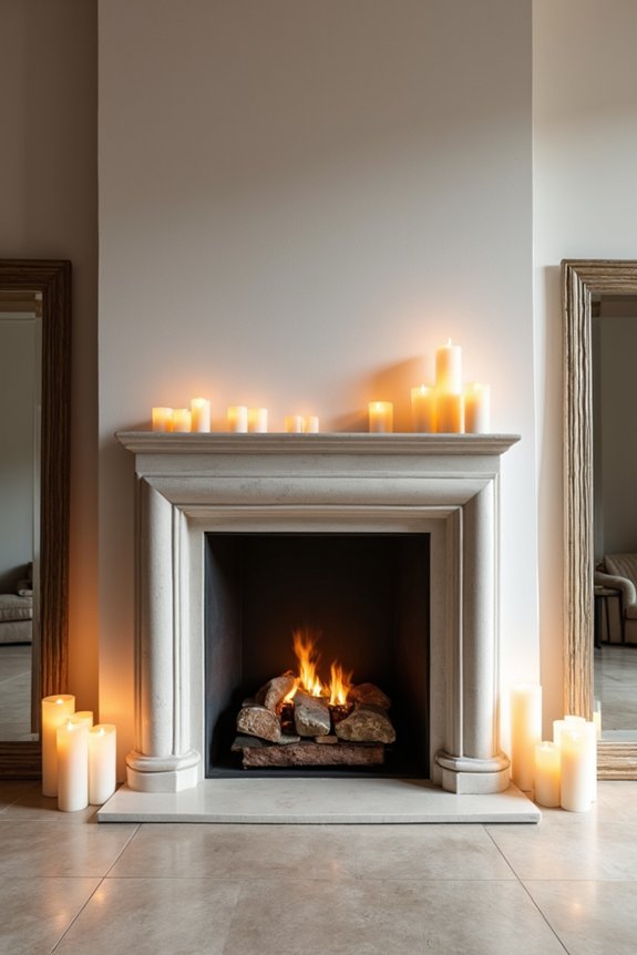 10 Ways to Decorate a Fireplace Without a Mantle 8 candlelit hearth with mirrors