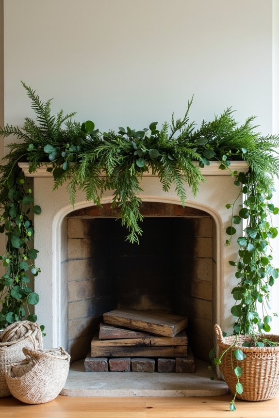 How Does Joanna Gaines Decorate Fireplace Mantels? 2 faux greenery anchors mantel effortlessly