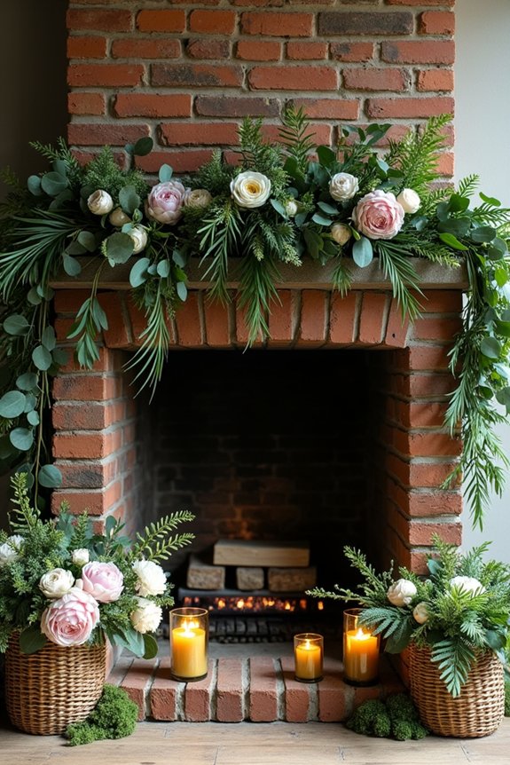 10 Ways to Decorate a Fireplace Without a Mantle 6 greenery softens metallic unifies space