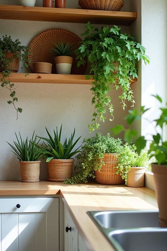 5 Ways to Decorate Above Your Kitchen Cabinets 3 layered greenery with woven textures