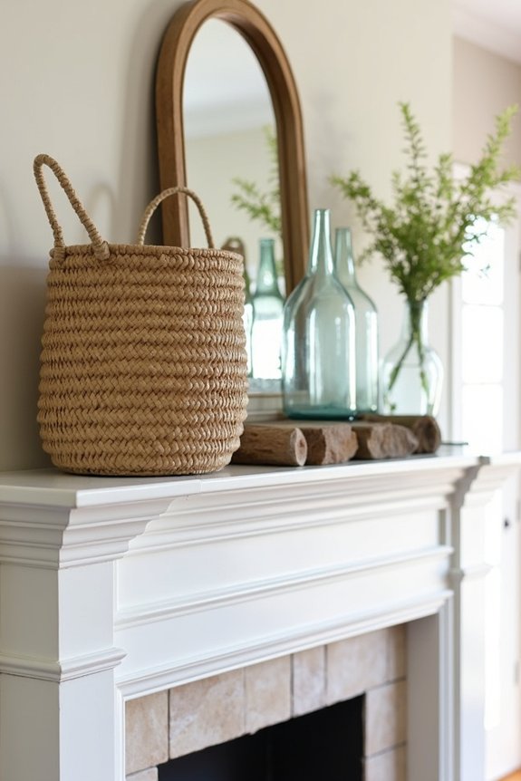 How Does Joanna Gaines Decorate Fireplace Mantels? 7 tall rattan vases brass candlesticks
